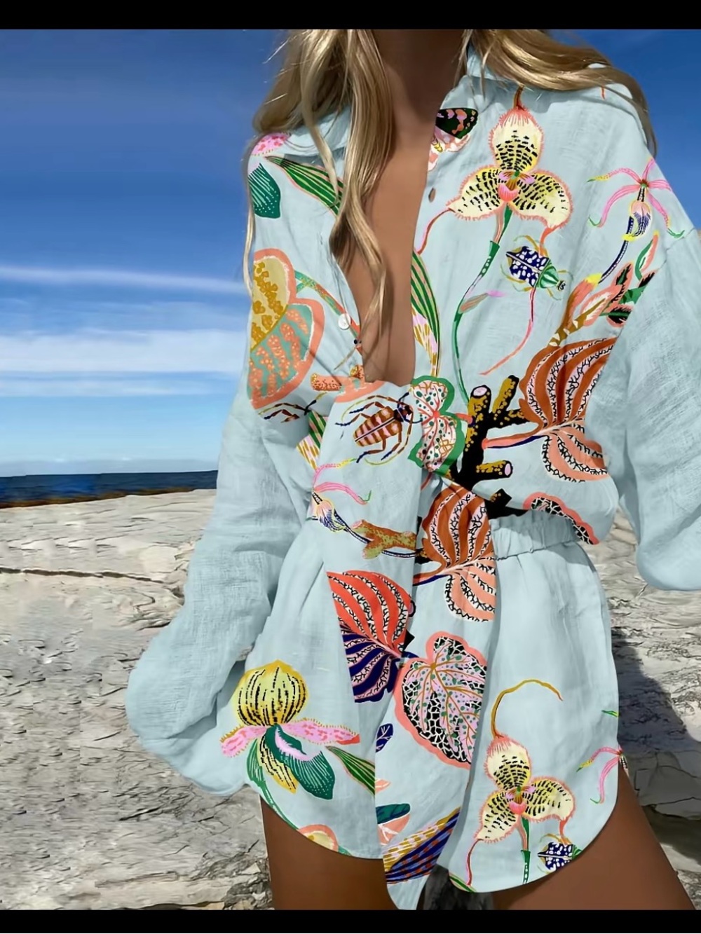 Embroidered Floral Button-Front Linen Tunic & Shorts in Light Blue